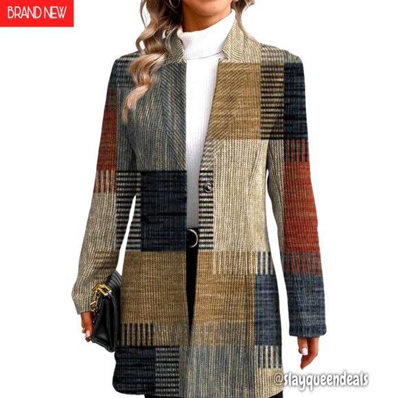 Long Blazer Jacket Loose Fit Plaid Open Front Office Casual Outerwear